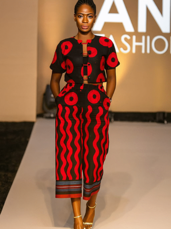 Red Beaded Cropped Jacket and Culottes Set - Image 2
