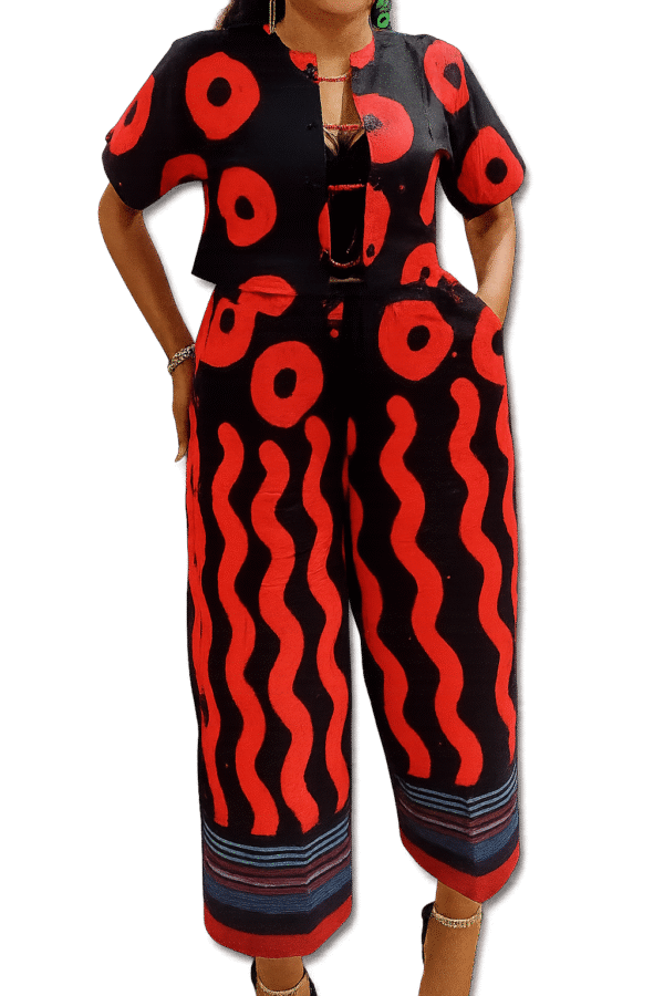 Red Beaded Cropped Jacket and Culottes Set