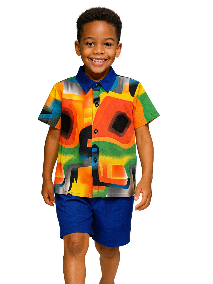 Boy wearing crepe outfit with shirt and short