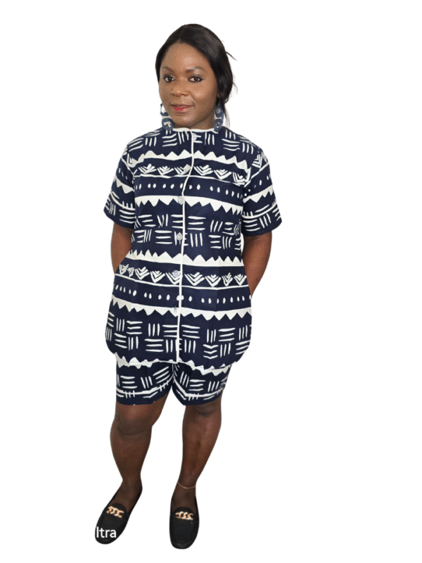 Woman wearing tribal 2 piece shorts set