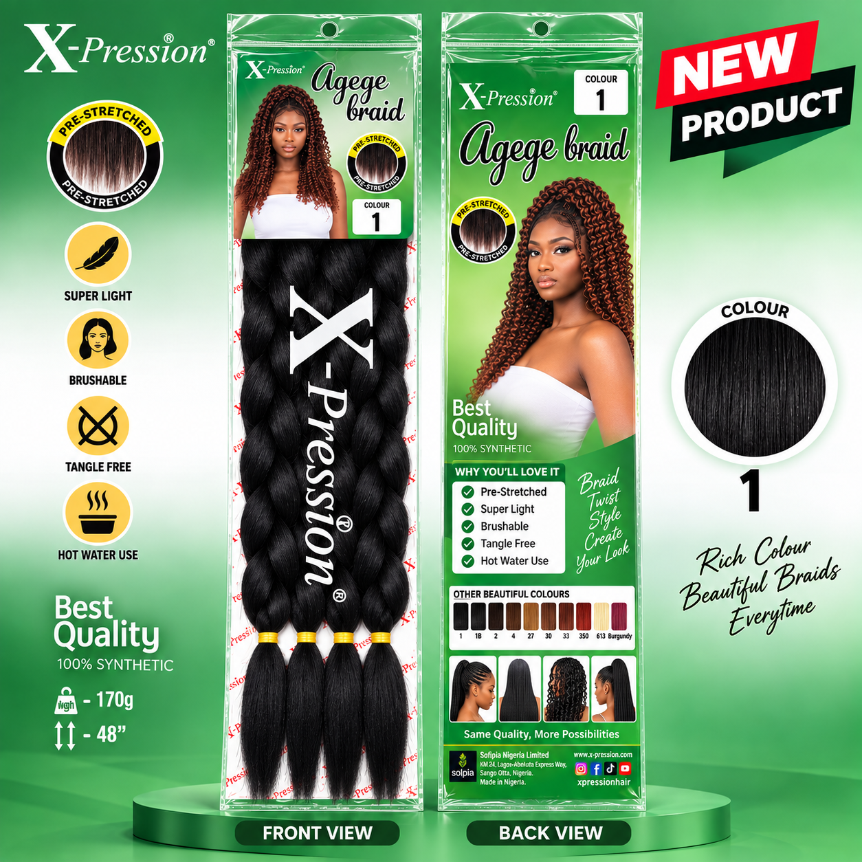 X-Pression Agege Braid Synthetic Braiding Hair 48in 170g Pre-Stretched
