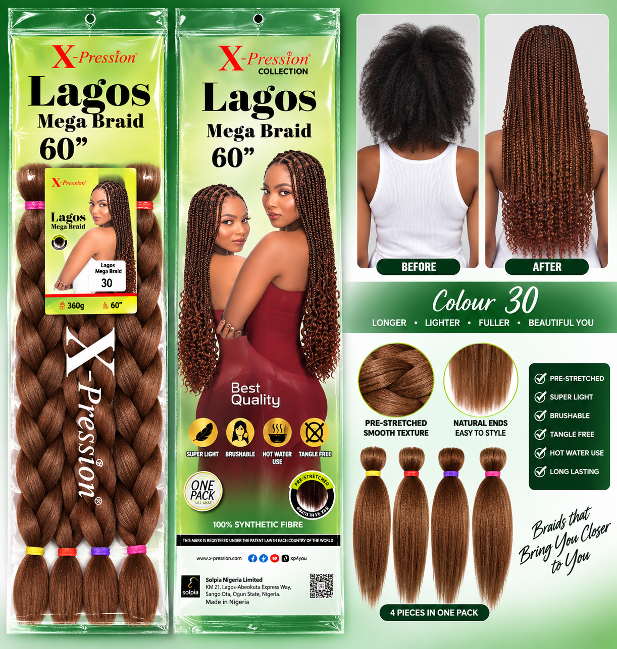X-Pression Lagos Mega Braid Synthetic Hair Extension 60in 360g Colour 27 and 30