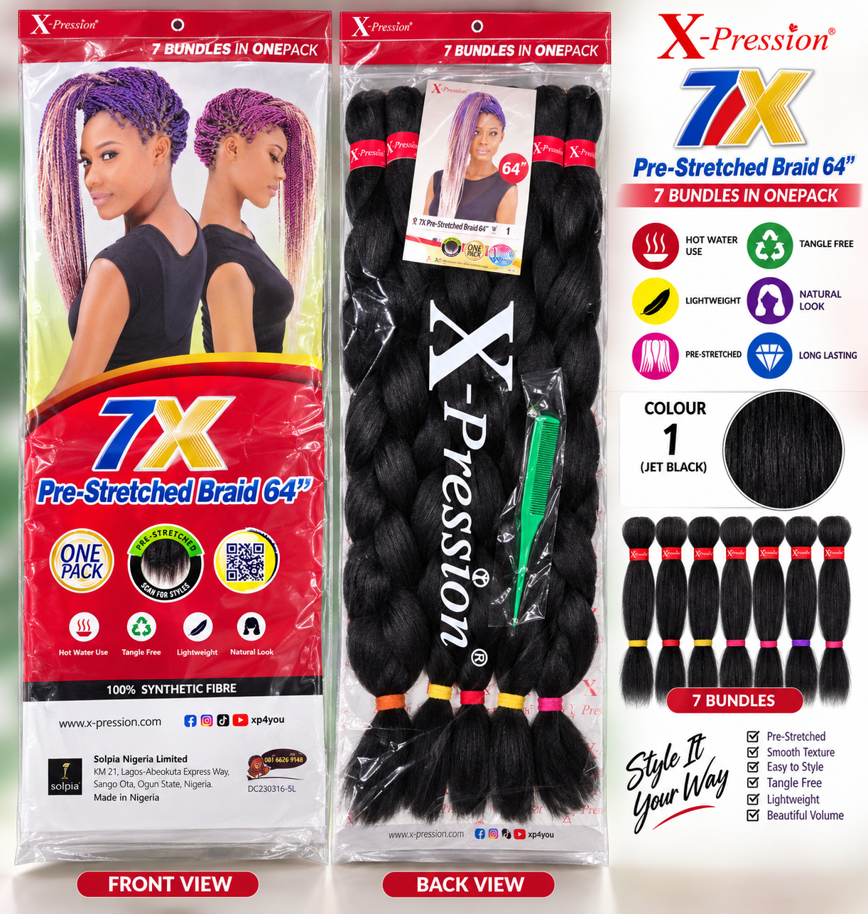 X-Pression Pre-Stretched Synthetic Braid Hair Extension 64in 7 Bundles Black