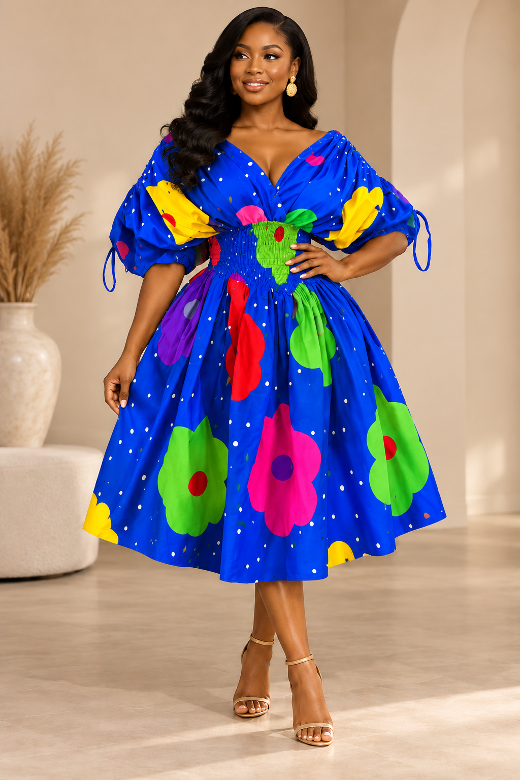 ADERONKE Smocked Batwing Dress
